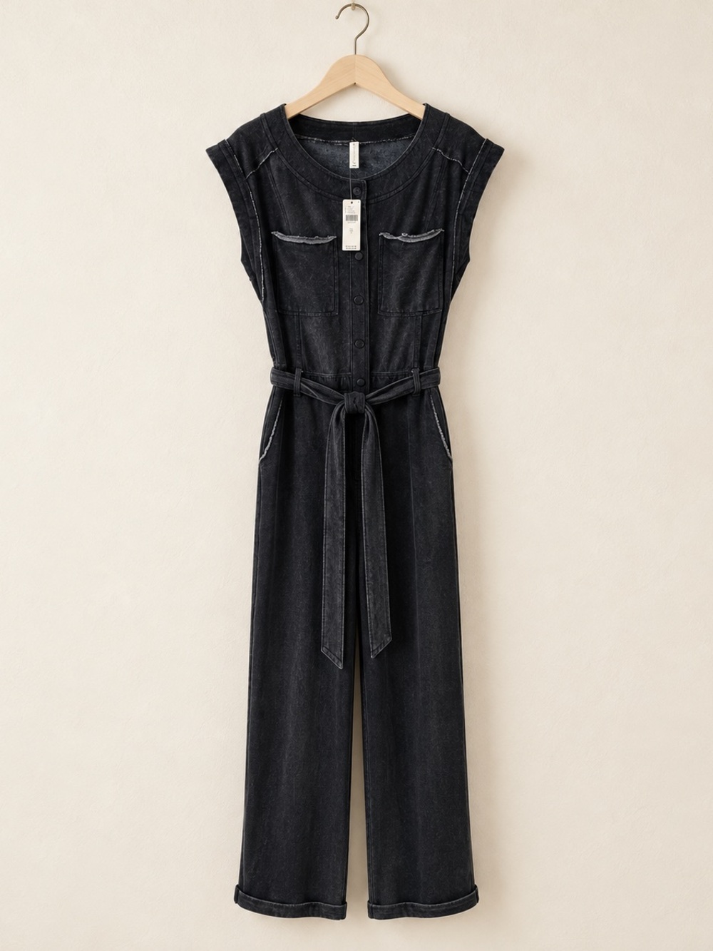 Women's Black Denim Jumpsuit with Tie Waist